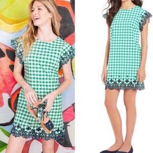 Draper James Dolly Green Gingham Check Navy Eyelet Shift Dress 14